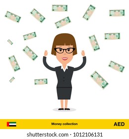 Successful businesswoman happy to earn a lot of money. Dirham banknote vector illustration.