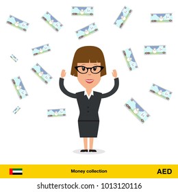 Successful businesswoman happy to earn a lot of money. Dirham banknote vector illustration.
