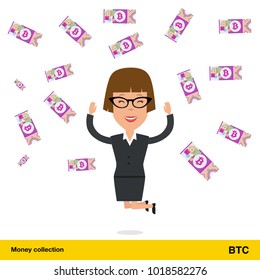 Successful businesswoman happy to earn a lot of money. Bitcoin banknote vector illustration.