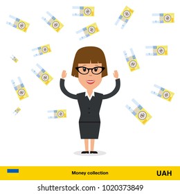 Successful businesswoman happy to earn a lot of money.  hryvnia banknote vector illustration.