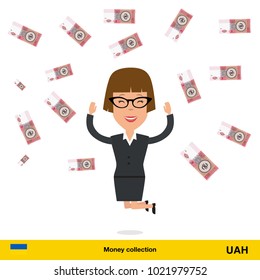 Successful businesswoman happy to earn a lot of money. Hryvnia banknote vector illustration.