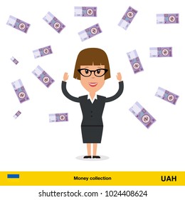 Successful businesswoman happy to earn a lot of money.  hryvnia banknote vector illustration.