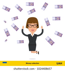 Successful businesswoman happy to earn a lot of money.  hryvnia banknote vector illustration.