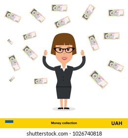 Successful businesswoman happy to earn a lot of money. Hryvnia banknote vector illustration.