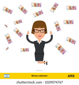 Successful businesswoman happy to earn a lot of money.  Peso banknote vector illustration.