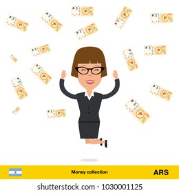Successful businesswoman happy to earn a lot of money.  Peso banknote vector illustration.