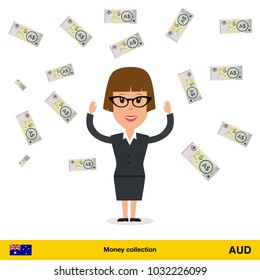 Successful businesswoman happy to earn a lot of money. Australian dollar banknote vector illustration.