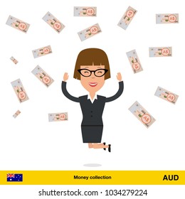 Successful businesswoman happy to earn a lot of money.  Australian dollar banknote vector illustration.