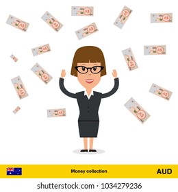 Successful businesswoman happy to earn a lot of money.  Australian dollar banknote vector illustration.