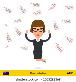 Successful businesswoman happy to earn a lot of money.  Australian dollar banknote vector illustration.