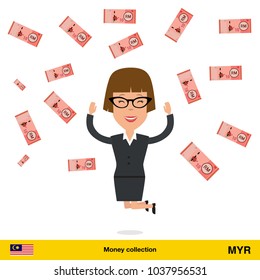 Successful businesswoman happy to earn a lot of money. Ringgit banknote vector illustration.

