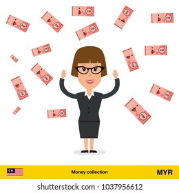 Successful businesswoman happy to earn a lot of money. Ringgit banknote vector illustration.

