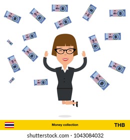 Successful businesswoman happy to earn a lot of money. Thai baht banknote vector illustration.