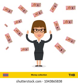 Successful businesswoman happy to earn a lot of money. Thai baht banknote vector illustration.

