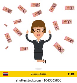  Successful businesswoman happy to earn a lot of money. Thai baht banknote vector illustration.

