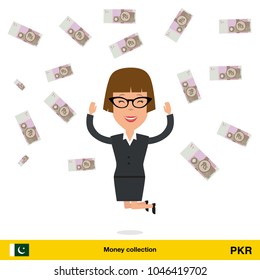 Successful businesswoman happy to earn a lot of money.  Pakistan rupee banknote vector illustration.