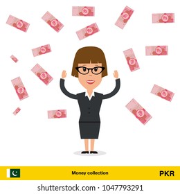 Successful businesswoman happy to earn a lot of money. Pakistan rupee banknote vector illustration.