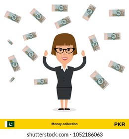 Successful businesswoman happy to earn a lot of money. Pakistan rupee banknote vector illustration.