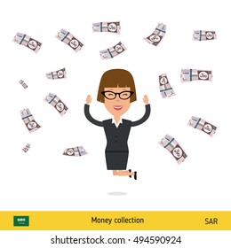 Successful businesswoman happy to earn a lot of money. Saudi Arabian Riyal banknote vector illustration.
