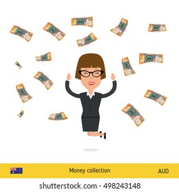 Successful businesswoman happy to earn a lot of money. Australian dollar banknote vector illustration.