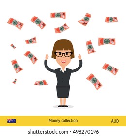Successful businesswoman happy to earn a lot of money. Australian dollar banknote vector illustration.