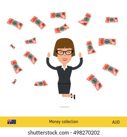 Successful businesswoman happy to earn a lot of money. Australian dollar banknote vector illustration.