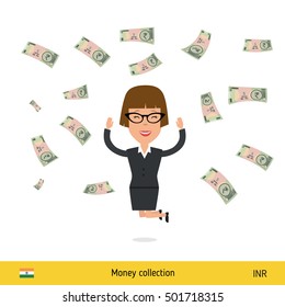 Successful businesswoman happy to earn a lot of money. Indian rupee banknote vector illustration.