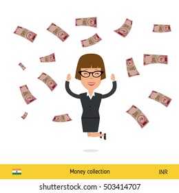 Successful businesswoman happy to earn a lot of money. Indian rupee banknote vector illustration.
