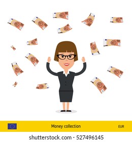 Successful businesswoman happy to earn a lot of money. Euro banknote vector illustration.