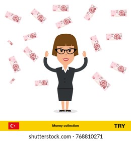 Successful businesswoman happy to earn a lot of money. lira banknote vector illustration.
