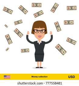 Successful businesswoman happy to earn a lot of money. Dollar banknote vector illustration.