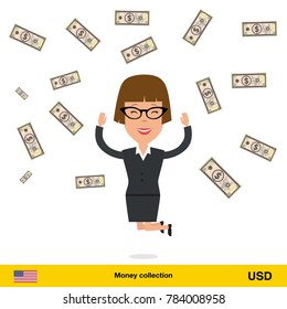 Successful businesswoman happy to earn a lot of money. Dollar banknote vector illustration.