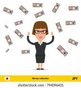Successful businesswoman happy to earn a lot of money. Yen banknote vector illustration.