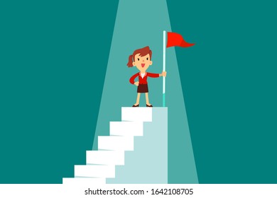 Successful businesswoman holding flag on top of staircase. Successful business concept.