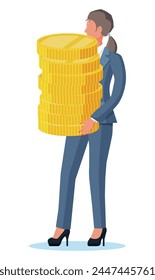 Exitosa mujer de negocios sosteniendo pila de grandes monedas de dólar. Mujer de negocios con la moneda de oro. Éxito empresarial, triunfo, meta o logro. Ganadora de la competición. estilo plano de Ilustración vectorial