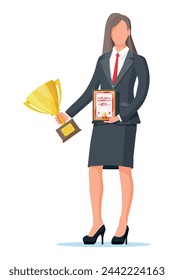 Una exitosa mujer de negocios que sostiene un trofeo y muestra un certificado de premio, celebra la victoria. Éxito empresarial, triunfo, meta o logro. Ganadora de la competición. Ilustración vectorial estilo plano