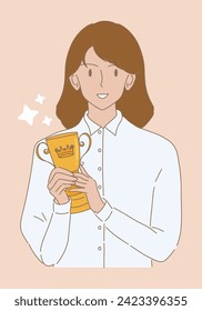 Successful businesswoman holding trophy. Woman celebrating with winning champion golden cup in hand. Hand drawn flat cartoon character vector illustration.