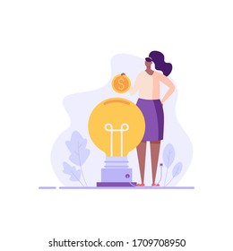 Successful businesswoman investing money in big idea. Sponsor standing with coin. Concept of startup, sponsoring, crowdfunding. Vector illustration for UI, web banner, mobile app