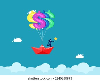Successful businesswoman leader driving the organization forward with money management. paper boat floating with money balloons