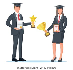 Successful businesswoman and man holding trophy and showing award certificate, celebrates victory. Business success, triumph, goal or achievement. Winning of competition. Flat vector illustration