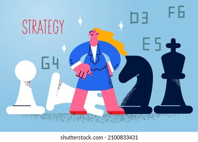 Successful businesswoman on chess board think of business strategy or plan. Female boss or employee brainstorm develop innovative idea or project. Innovation, startup. Vector illustration. 