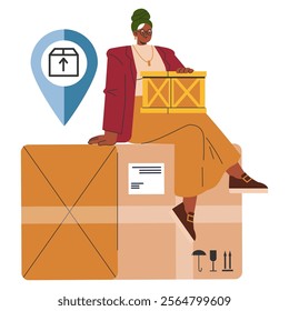 Successful businesswoman overseeing logistics. She sits confidently atop packages, ready to conquer the corporate world. Vector illustration.