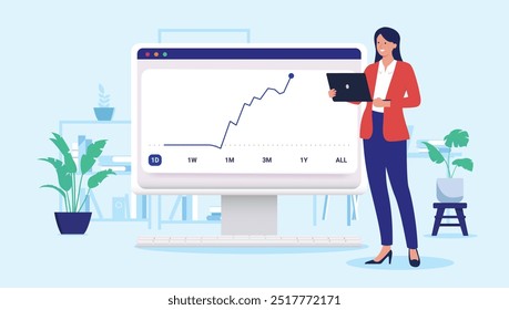 Successful businesswoman profit growth - Professional woman in business clothing holding laptop standing in front of rising chart and graph on computer screen. Flat design vector illustration