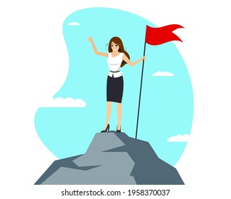 Successful businesswoman with red flag on mountain peak. Business woman climbing up on top career ladder. Female goal achievement and leadership concept. Symbol of success and victory enjoy eps