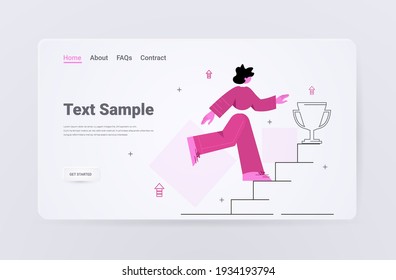 successful businesswoman running up the stairs to trophy cup achievement business competition concept full length horizontal copy space vector illustration