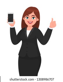 Successful businesswoman showing blank screen mobile, cell or smart phone and gesturing or making thumbs up sign with hand fingers. Like, deal, good and technology concept illustration in cartoon.