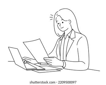 Exitosa mujer de negocios sentada en el escritorio para trabajar en documentos de lectura de computadoras. Joven empleada sonriente ocupada en la revisión de papeleo en la oficina. Ilustración vectorial. 