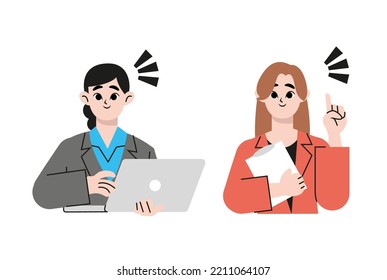 Exitosa mujer de negocios sentada en el escritorio para trabajar en documentos de lectura de computadoras. Joven empleada sonriente ocupada en la revisión de papeleo en la oficina. Ilustración vectorial.