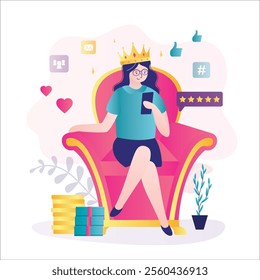 Successful businesswoman is sitting on throne like king with crown on head. Confident woman or influencer sitting on chair with smartphone and heap of money. Positive self esteem, leadership. vector