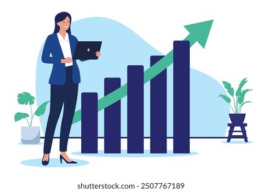 Empresaria exitosa - Personaje de persona de negocios sonriente de pie frente al diagrama de gráfico ascendente con flecha verde que apunta hacia el crecimiento y el éxito. Ilustración vectorial de diseño plano